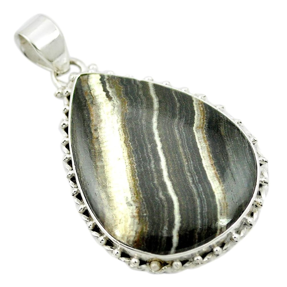 Natural black banded oil shale pear shape 925 sterling silver pendant m48100