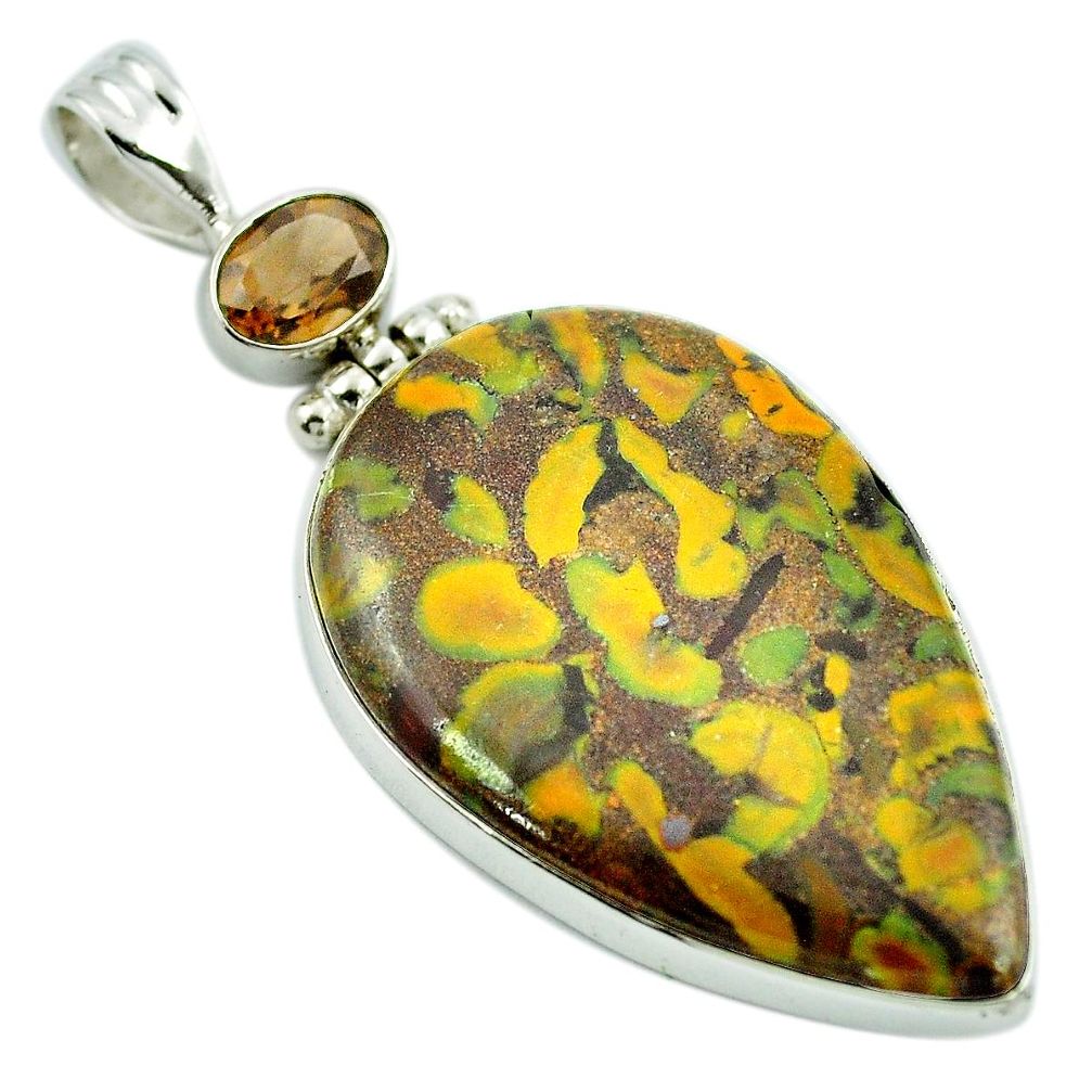 Natural brown bamboo leaf jasper smoky topaz 925 silver pendant m48169