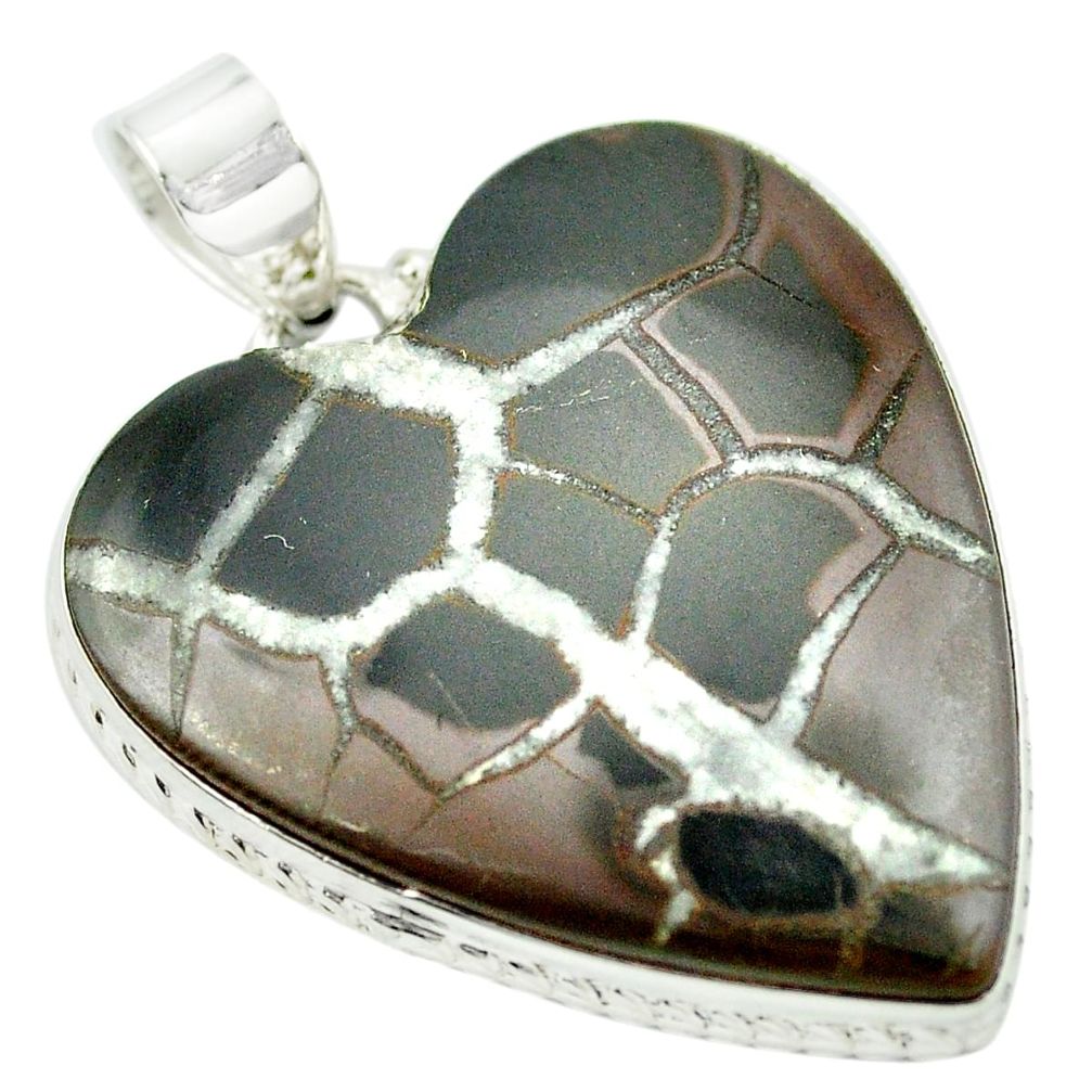 Natural black septarian gonads heart 925 sterling silver pendant m48189