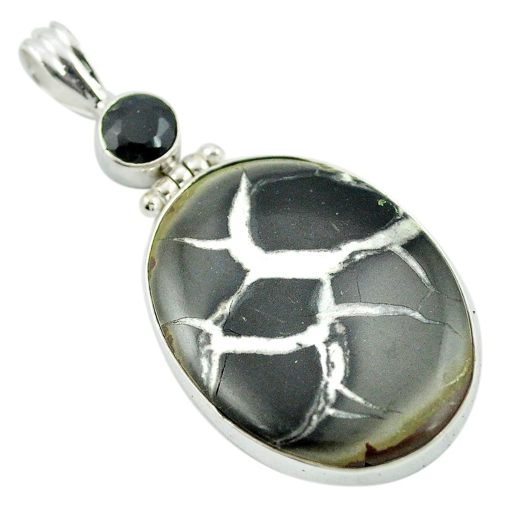 Natural black septarian gonads onyx 925 sterling silver pendant m48195