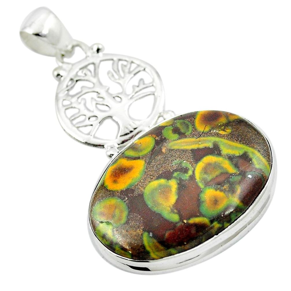 Natural brown bamboo leaf jasper 925 silver tree of life pendant m48201