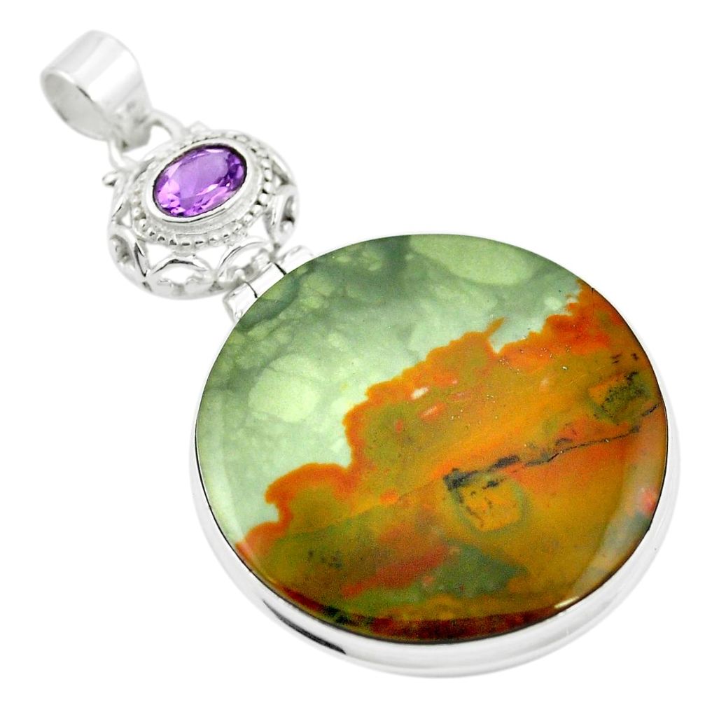 Natural brown landscape jasper purple amethyst 925 silver pendant m48265