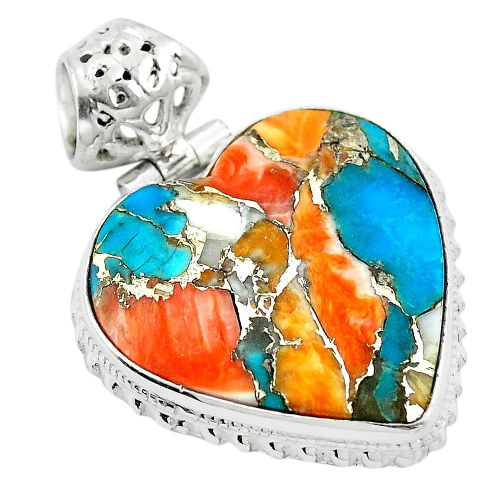 Multi color spiny oyster arizona turquoise heart 925 silver pendant m48303