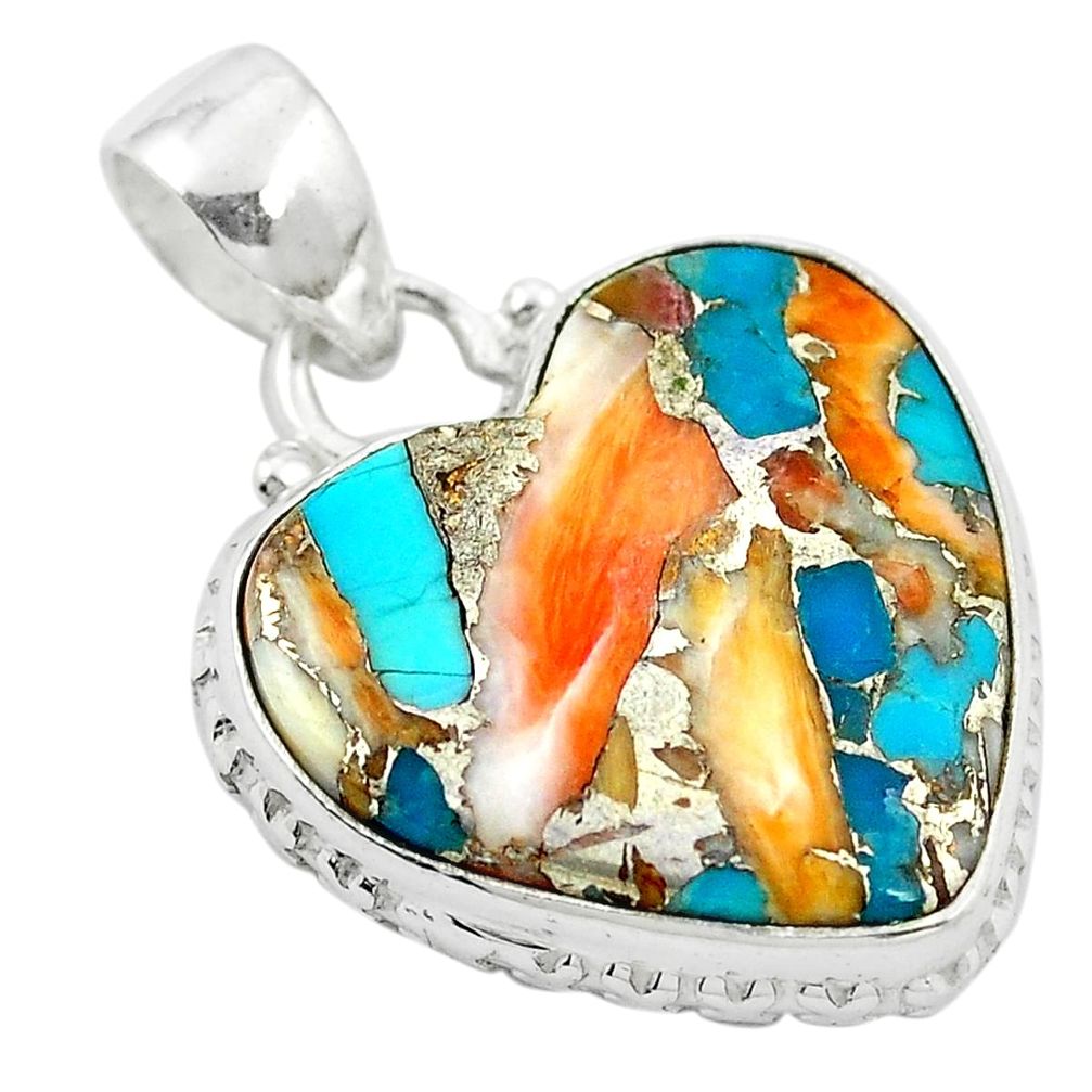 Multi color spiny oyster arizona turquoise heart 925 silver pendant m48307