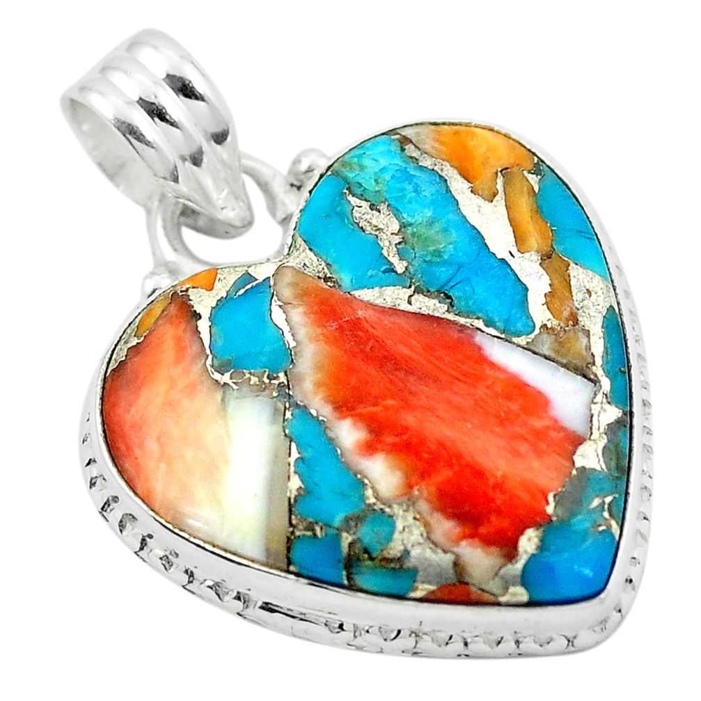 Multi color spiny oyster arizona turquoise heart 925 silver pendant m48312
