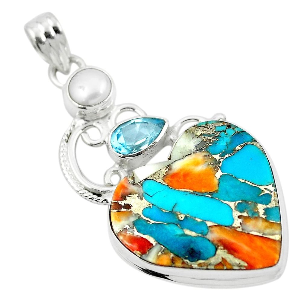 Multi color spiny oyster arizona turquoise heart 925 silver pendant m48313