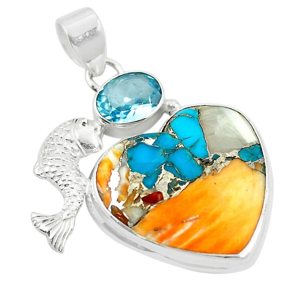 Multi color spiny oyster arizona turquoise heart 925 silver fish pendant m48315