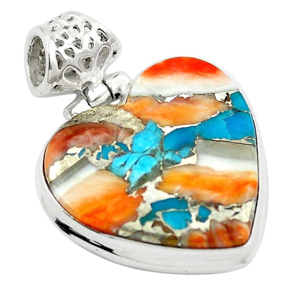 Multi color spiny oyster arizona turquoise heart 925 silver pendant m48319