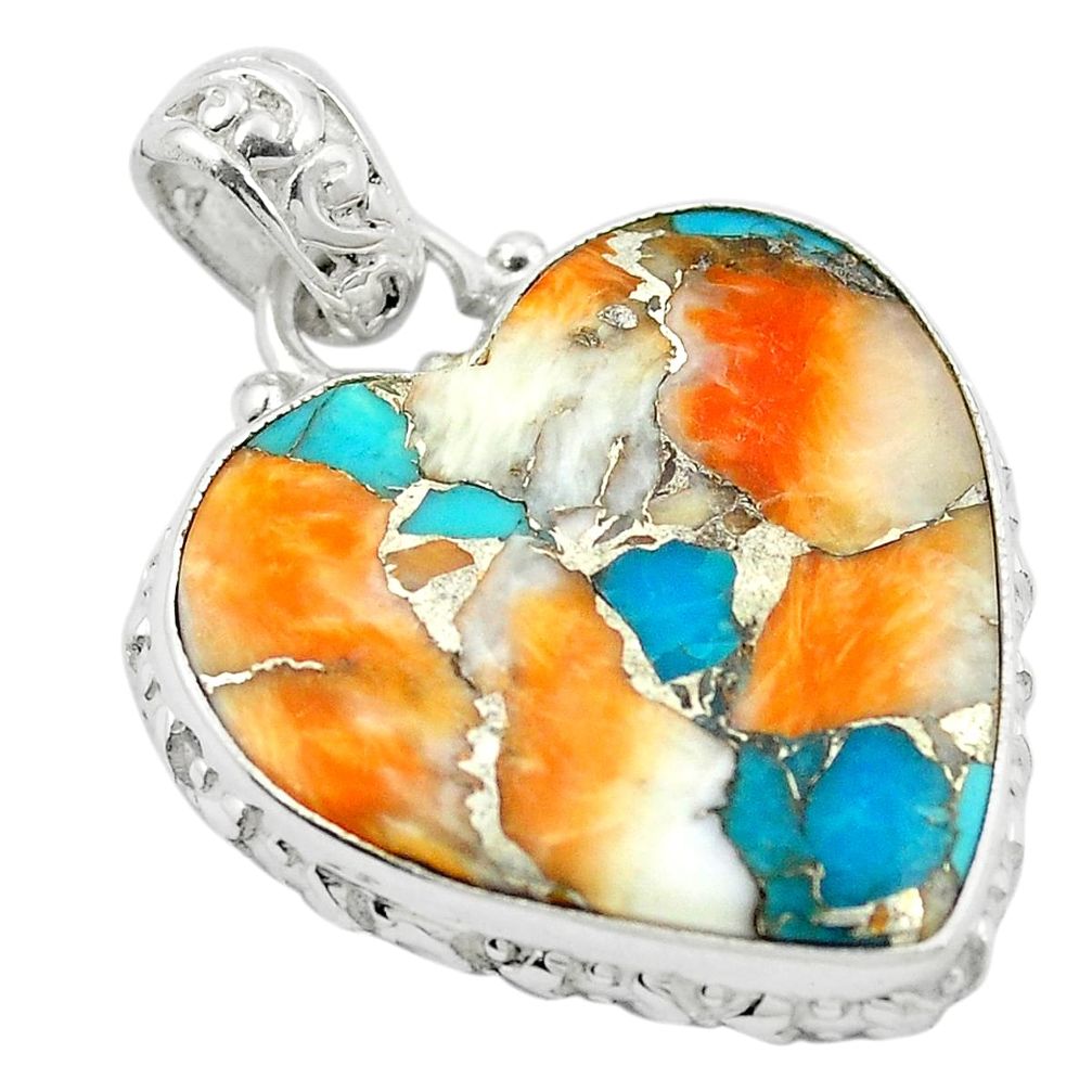 Multi color spiny oyster arizona turquoise heart 925 silver pendant m48320