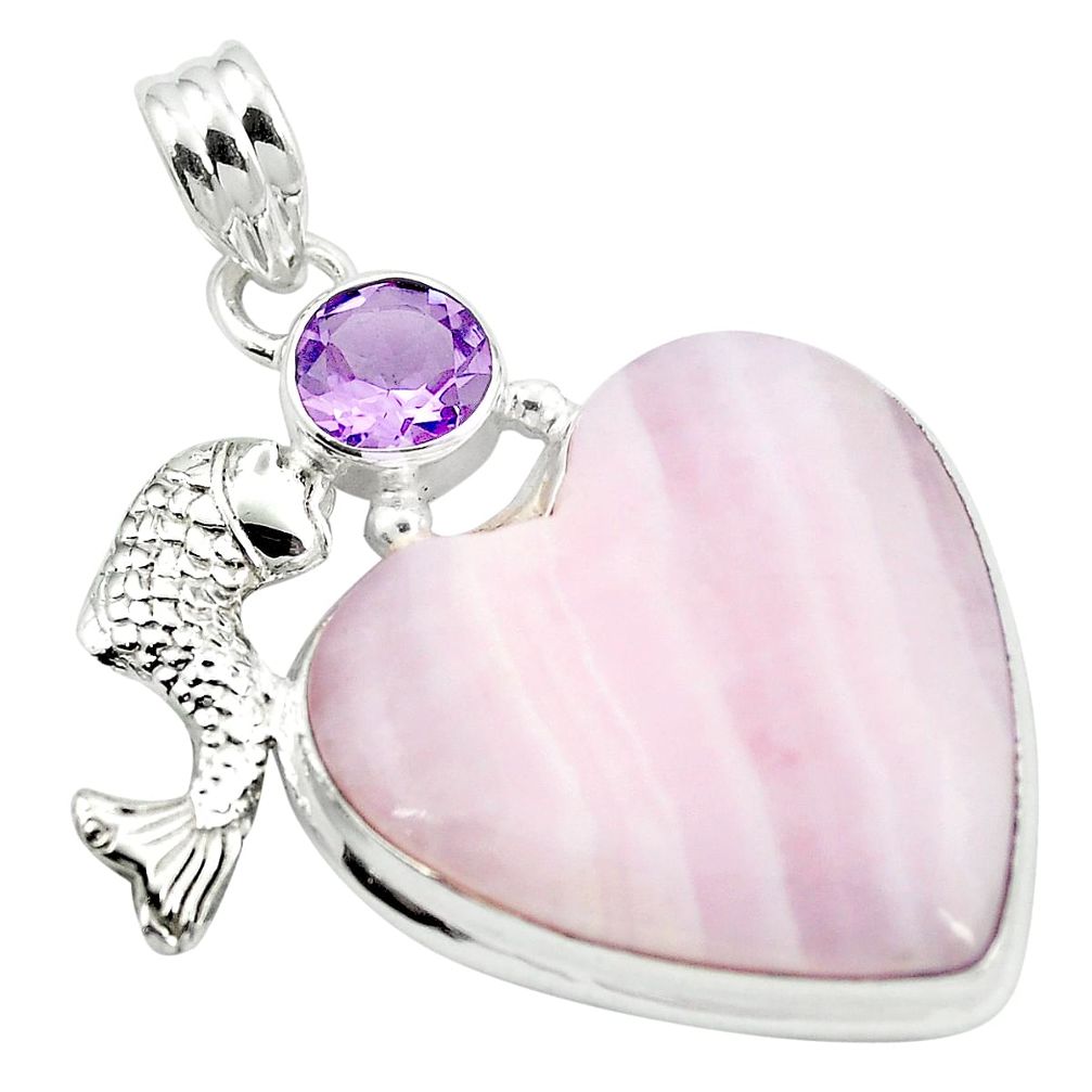 925 silver natural pink lace agate heart amethyst fish pendant m48330