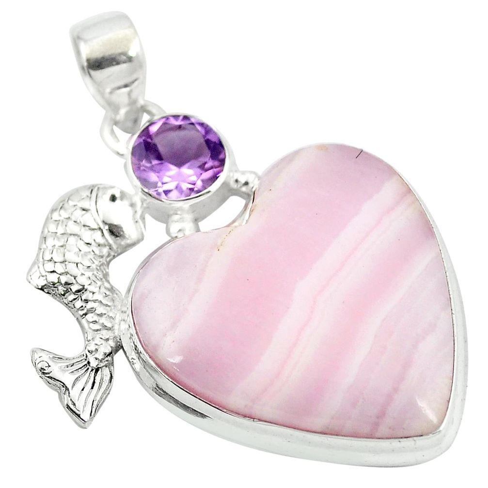 925 silver natural pink lace agate heart purple amethyst fish pendant m48340