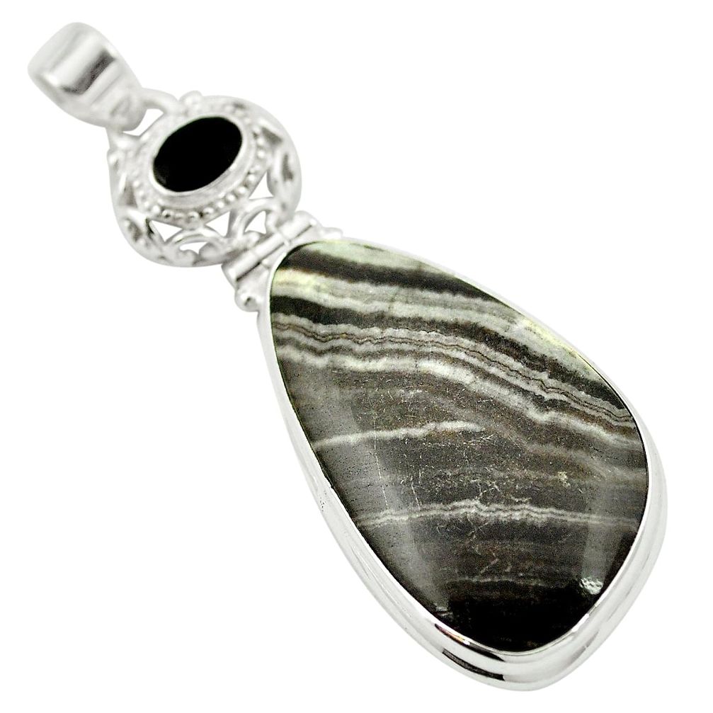 Natural black banded oil shale onyx 925 sterling silver pendant m48401