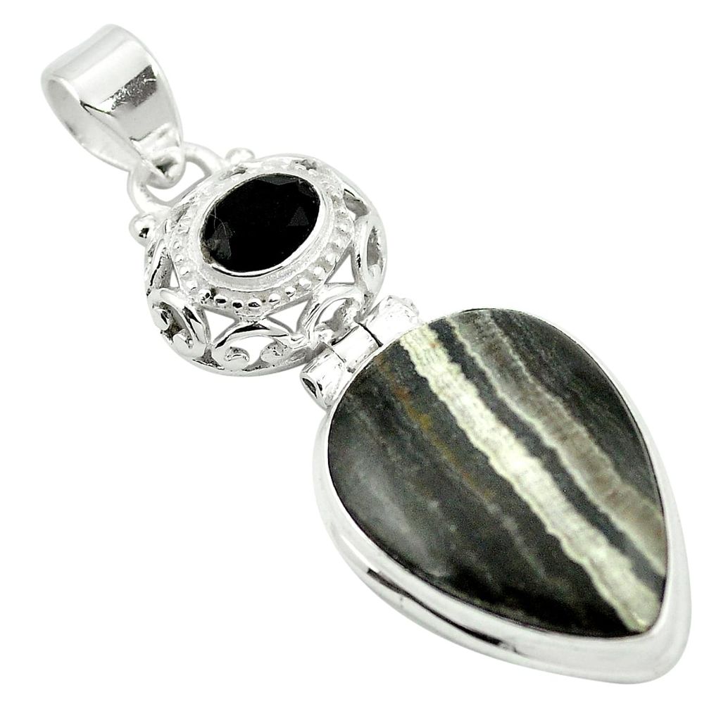 Natural black banded oil shale onyx 925 sterling silver pendant jewelry m48407