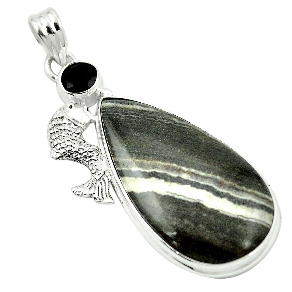 Natural black banded oil shale onyx 925 silver fish pendant jewelry m48408