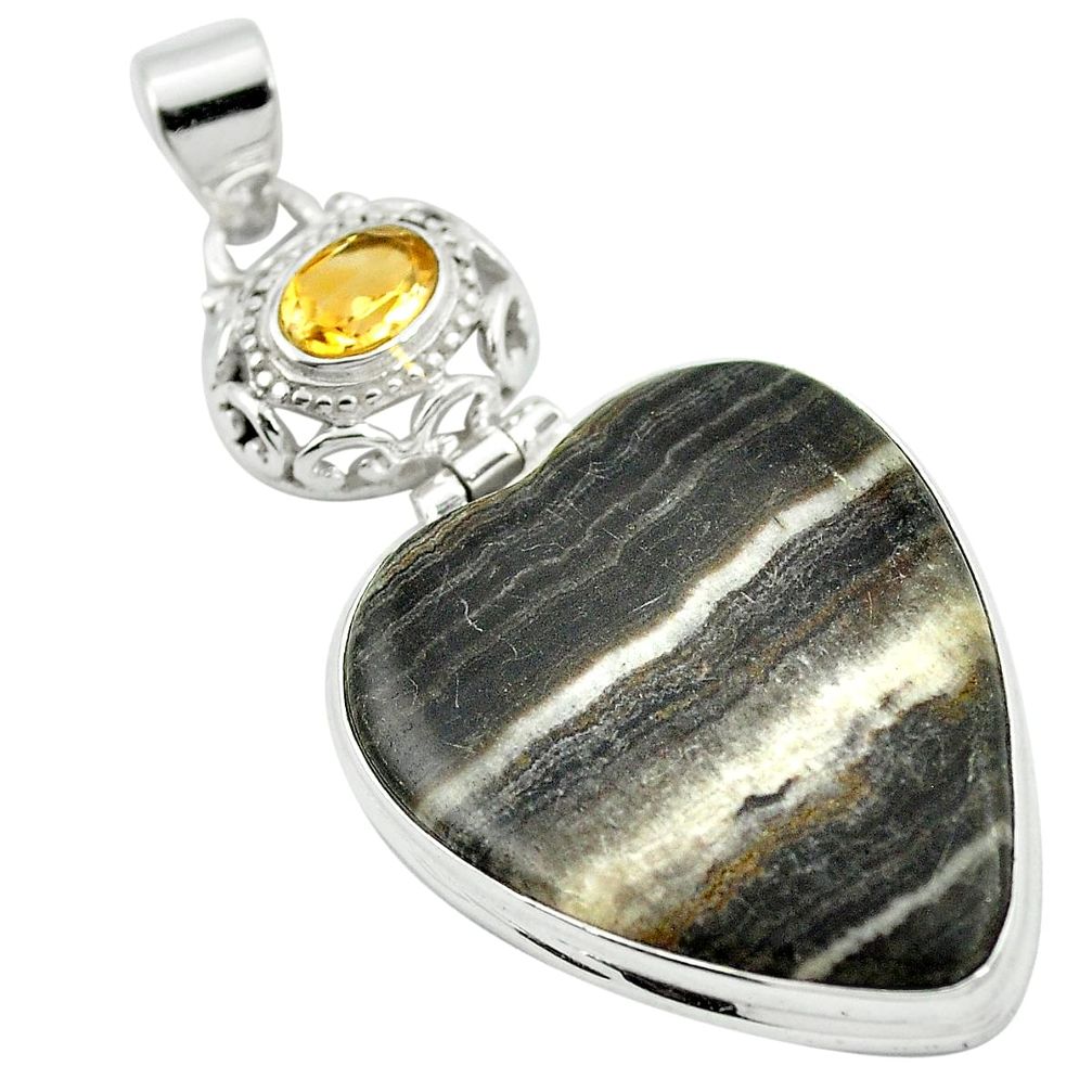 Natural black banded oil shale yellow citrine 925 silver pendant m48420