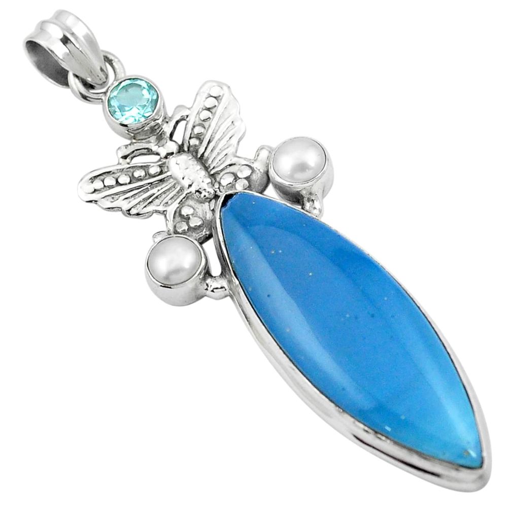 Blue swedish slag topaz pearl 925 silver butterfly pendant jewelry m49016