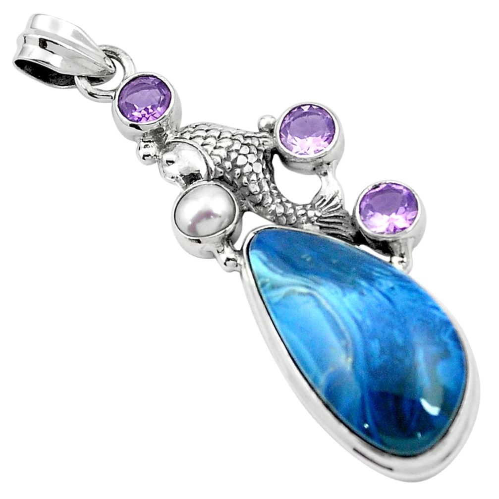 925 silver natural blue swedish slag amethyst fish pendant jewelry m49020