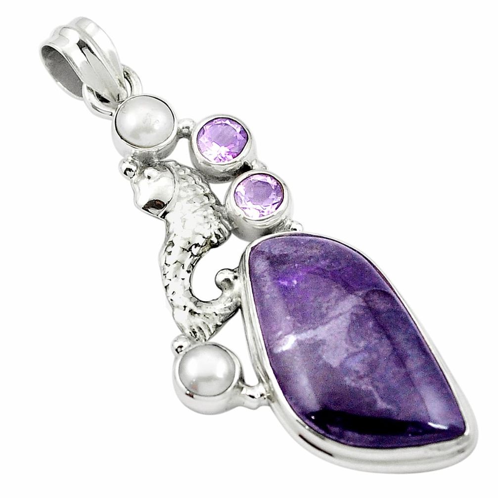 Natural purple sugilite amethyst pearl 925 silver fish pendant m49069