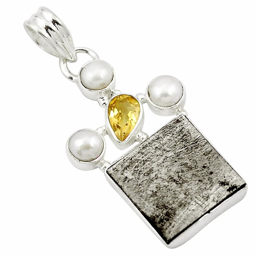 Natural grey meteorite gibeon citrine pearl 925 silver pendant m49156