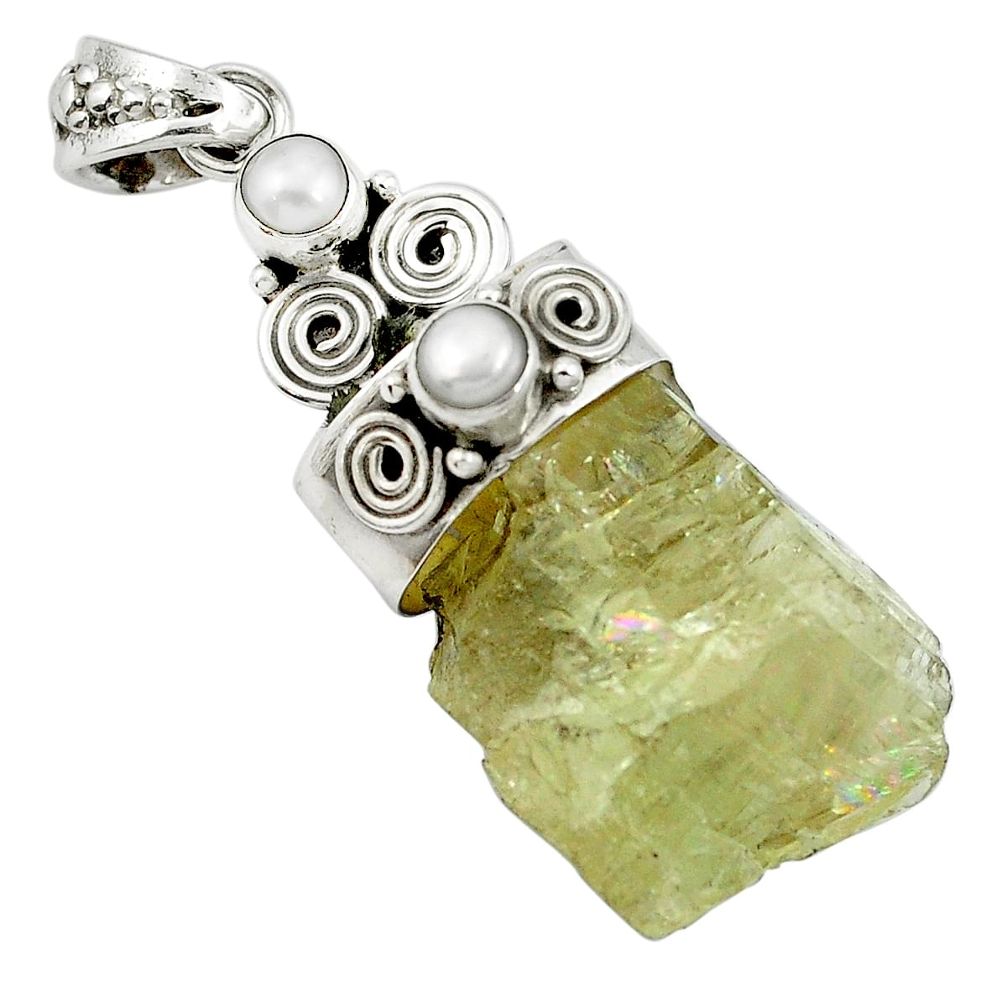 50.68cts natural green hiddenite rough pearl 925 sterling silver pendant m49225