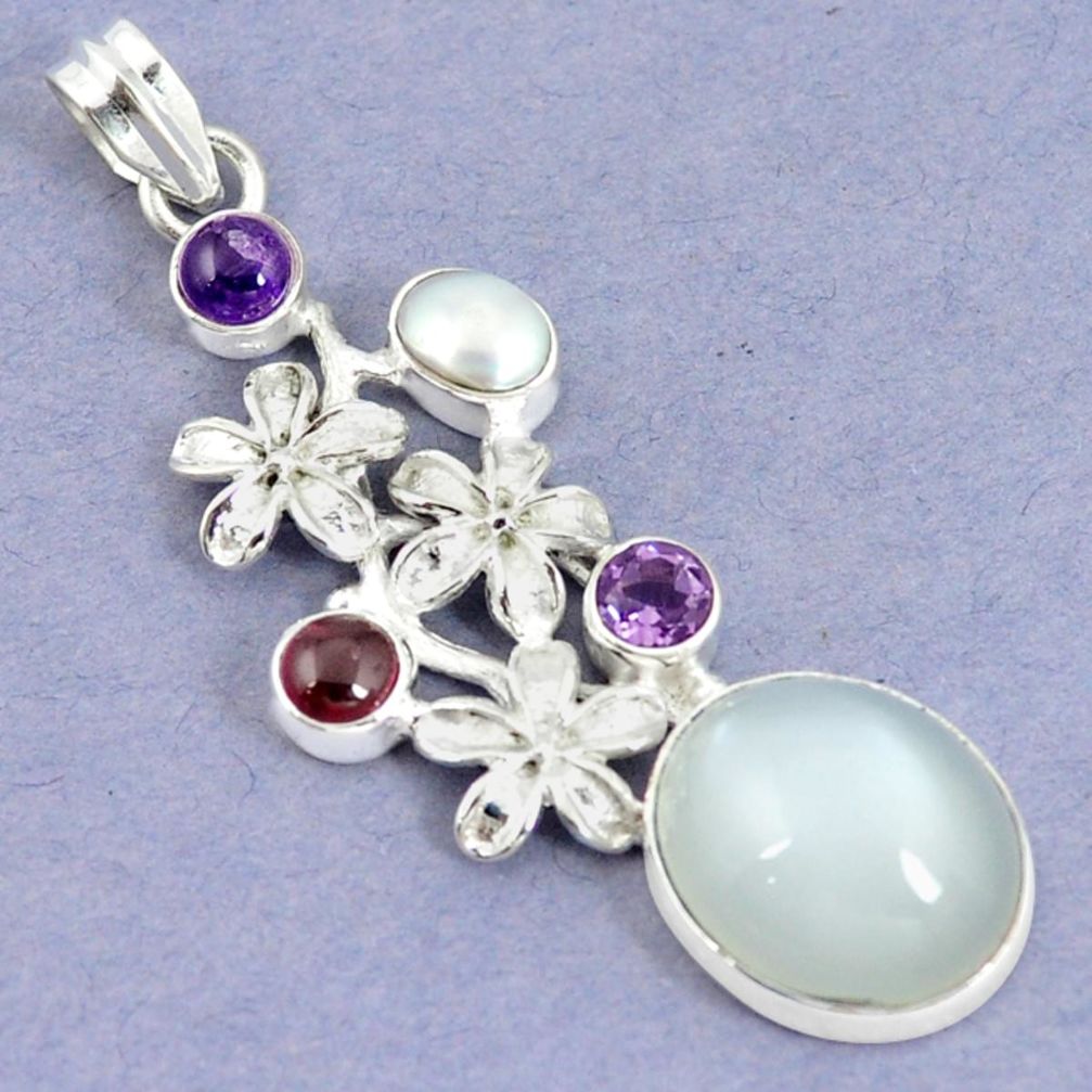 Natural white ceylon moonstone amethyst 925 silver flower pendant m4943