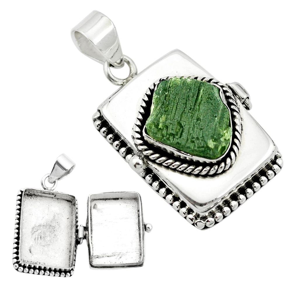 Natural green moldavite (genuine czech) 925 silver poison box pendant m49855