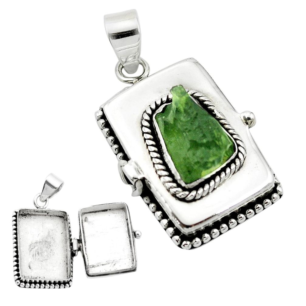 Natural green moldavite (genuine czech) 925 silver poison box pendant m49856