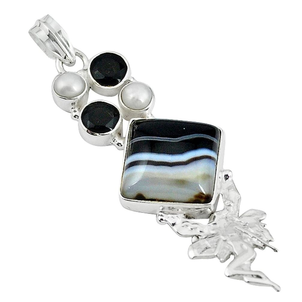 Natural black botswana agate pearl 925 silver angel wings fairy pendant m4987