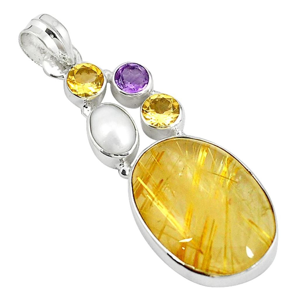 Natural golden tourmaline rutile citrine pearl 925 silver pendant m4988