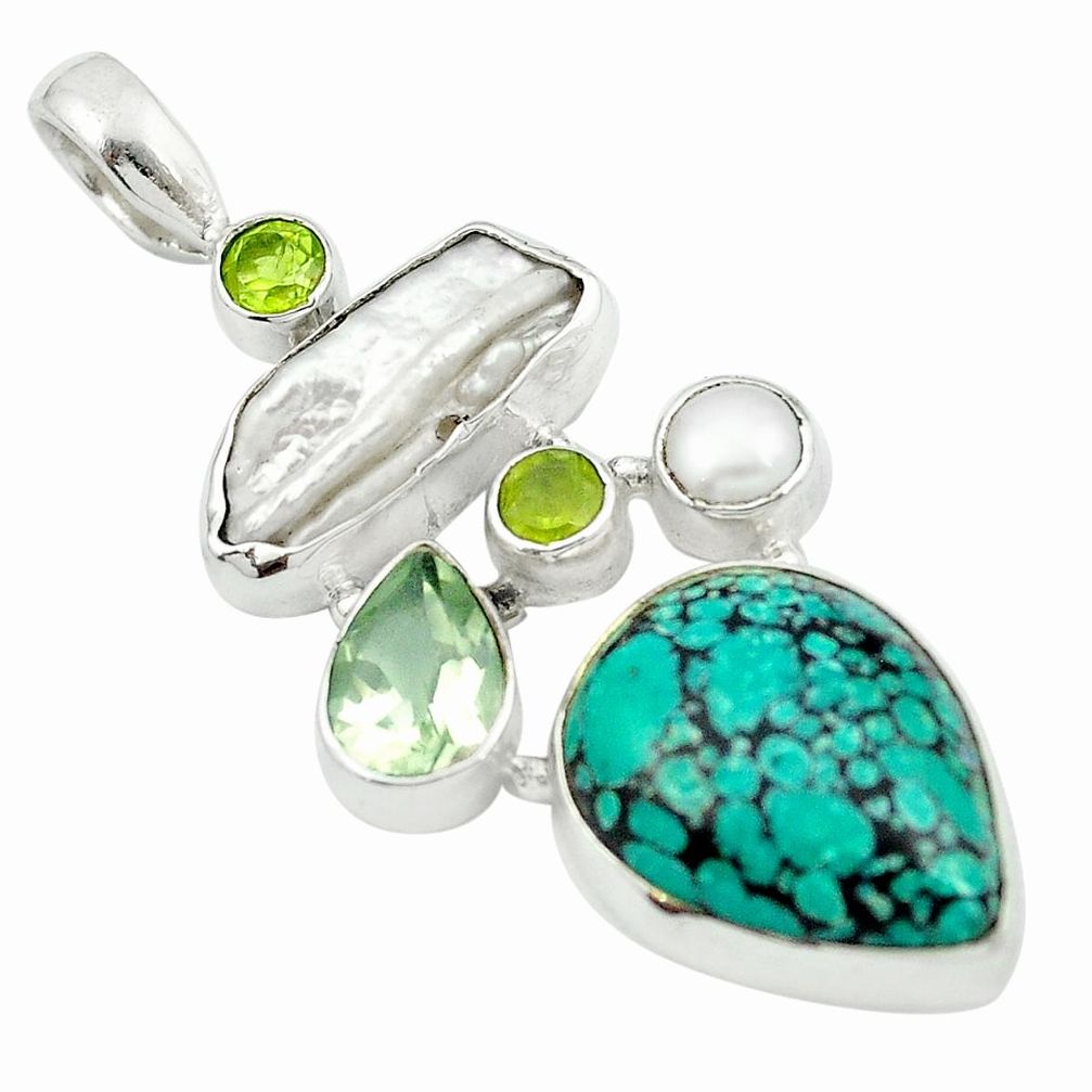 Fine green turquoise tibetan biwa pearl 925 silver pendant jewelry m50003