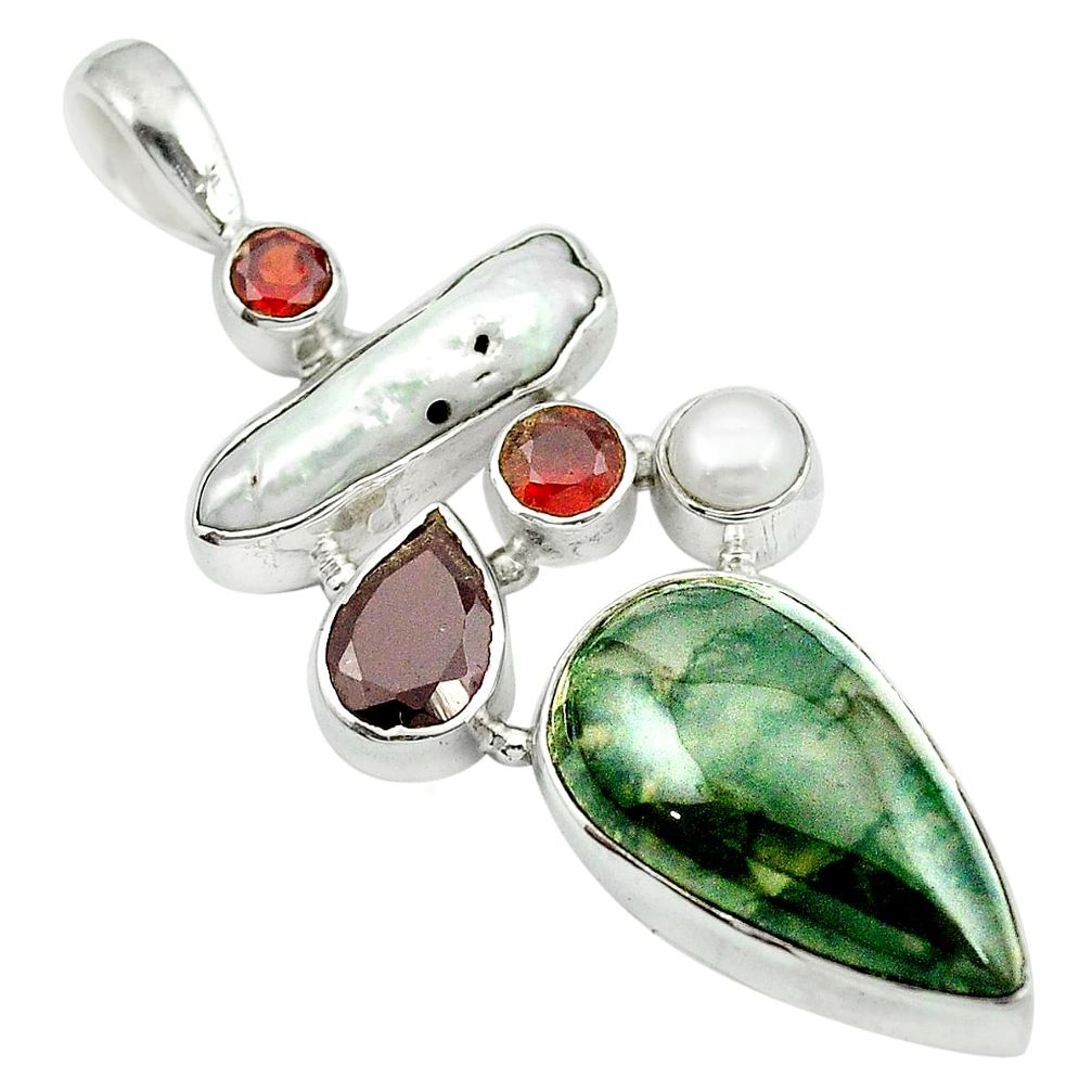 Natural green moss agate biwa pearl 925 sterling silver pendant m50008