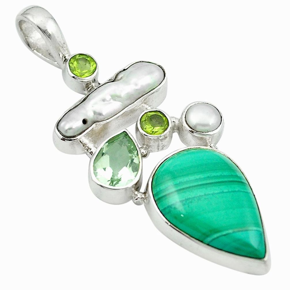 Natural green malachite (pilot's stone) pearl 925 silver pendant m50011