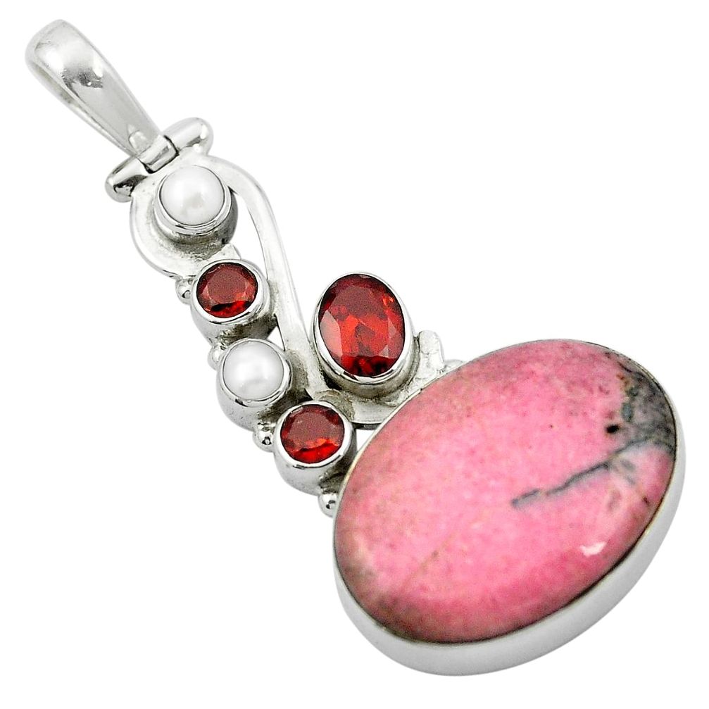 Natural pink rhodonite in black manganese 925 silver pendant m50034