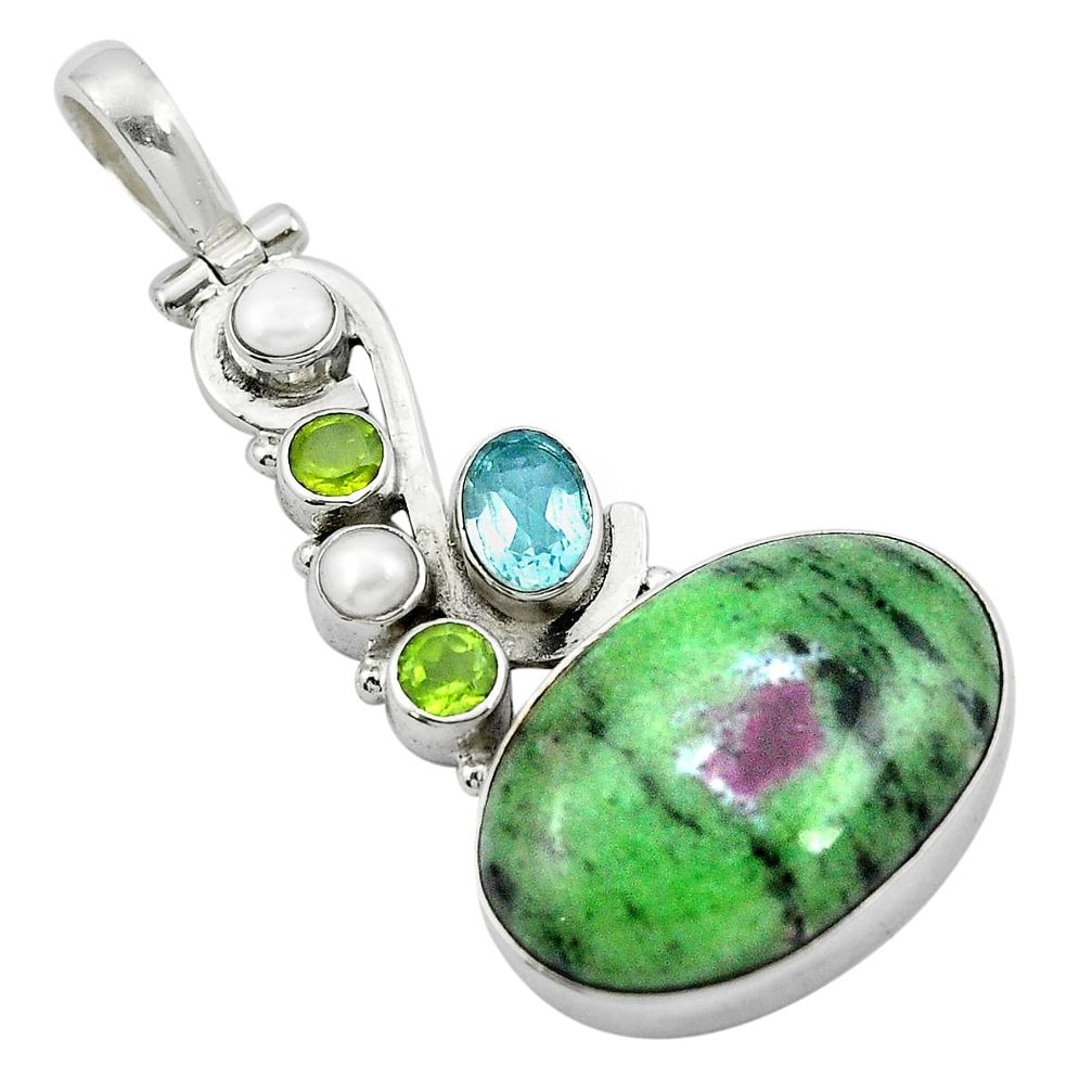 Natural pink ruby zoisite peridot pearl 925 sterling silver pendant m50036