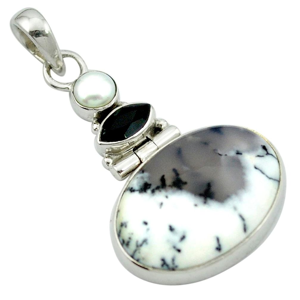 Natural white dendrite opal (merlinite) onyx 925 silver pendant m50060