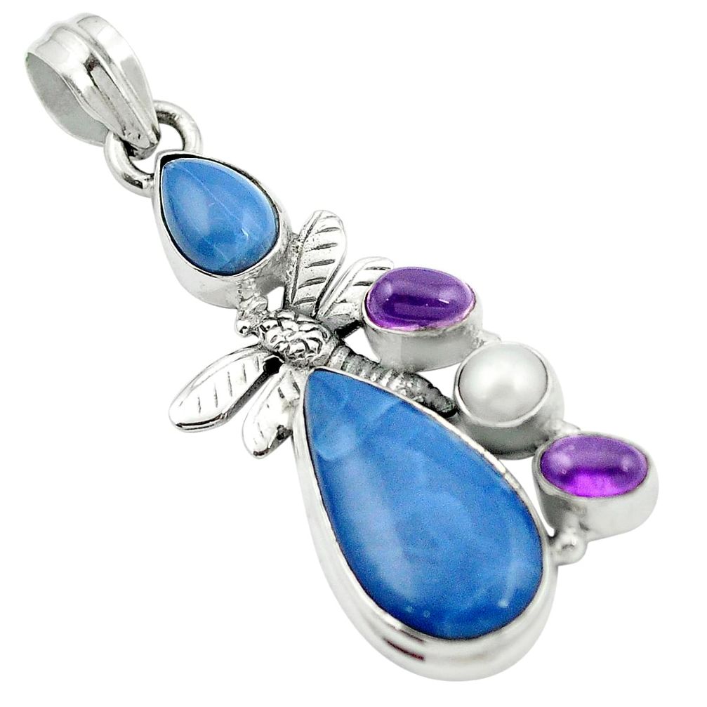 Natural blue owyhee opal amethyst 925 silver dragonfly pendant m50061
