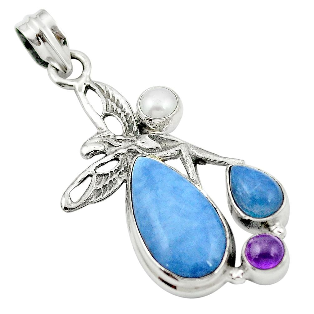 Natural blue owyhee opal 925 silver angel wings fairy pendant m50064