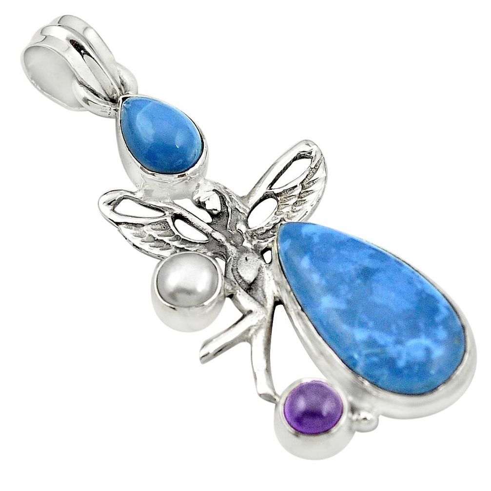 925 silver natural blue owyhee opal pearl angel wings fairy pendant m50080