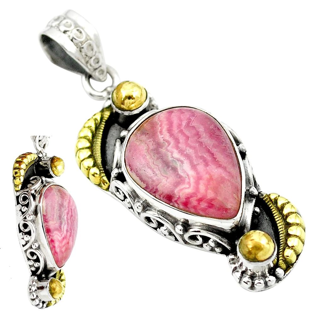 Natural pink rhodochrosite inca rose 925 silver two tone pendant m50246