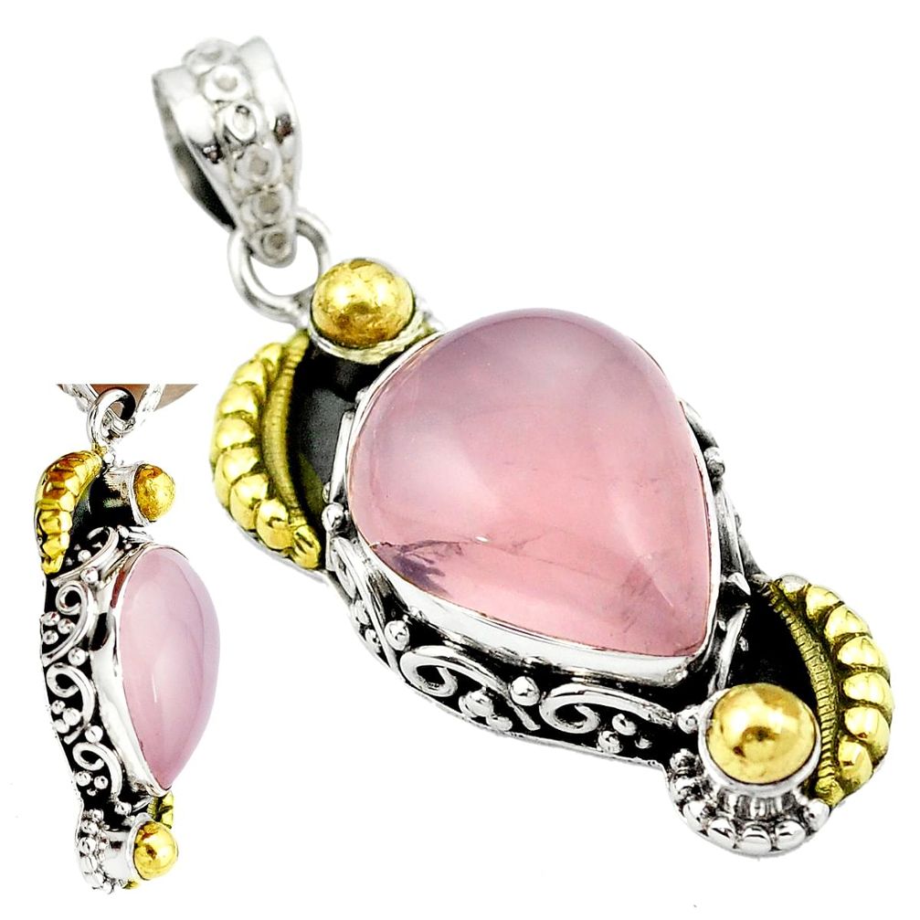 Victorian natural pink rose quartz 925 silver two tone pendant m50247