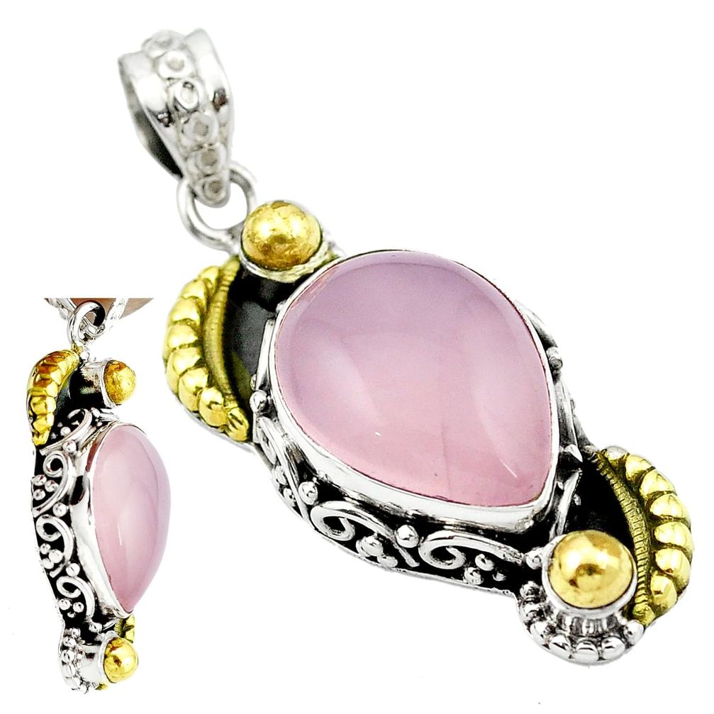 Victorian natural pink rose quartz 925 silver two tone pendant m50249