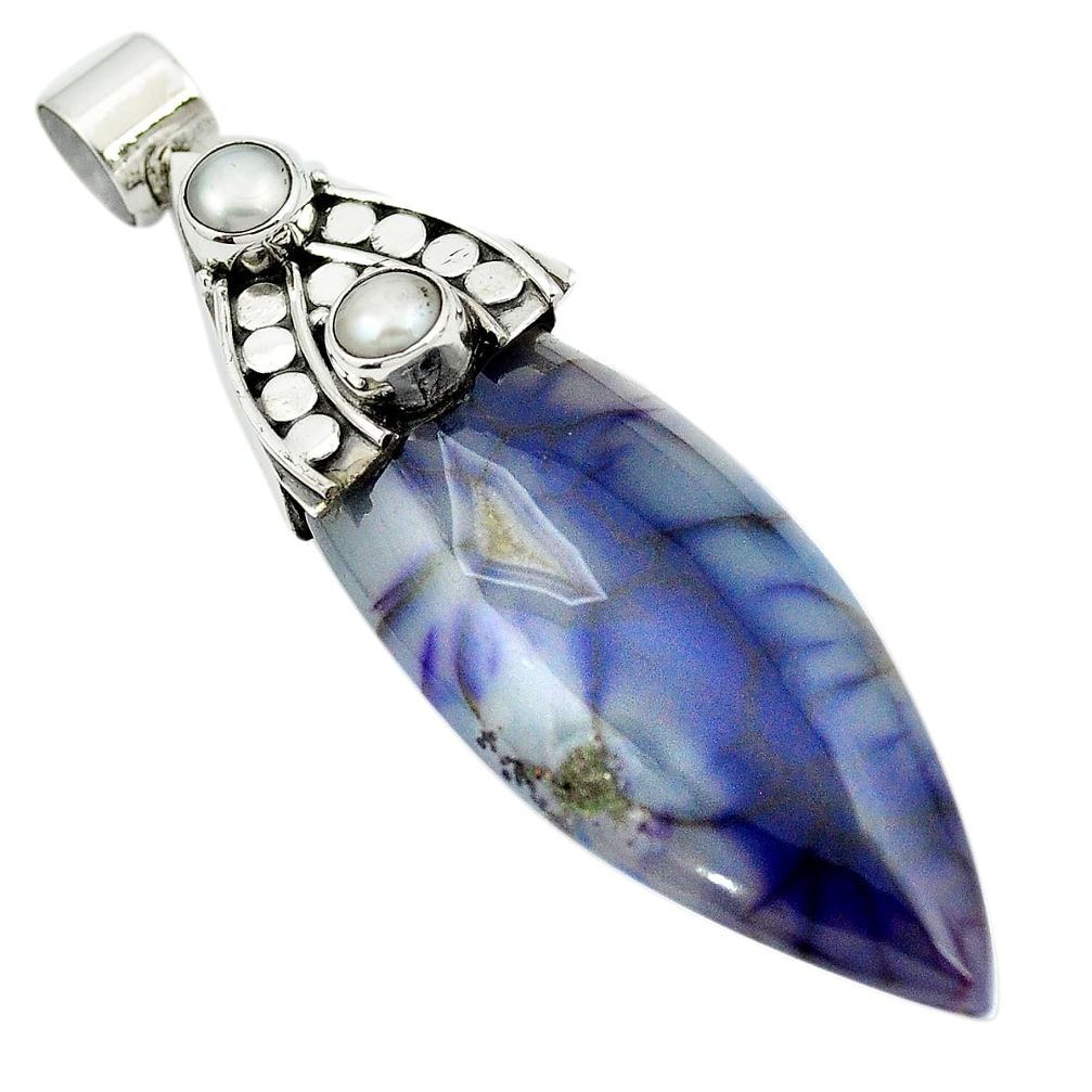 40.71cts natural blue solar quartz slice druzy pearl 925 silver pendant m50441