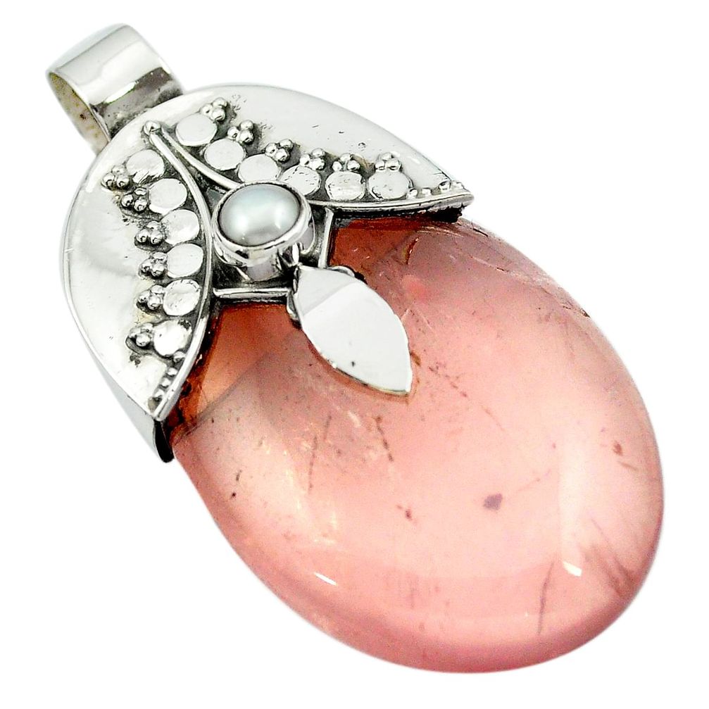 57.64cts natural pink rose quartz pearl 925 sterling silver pendant m50477