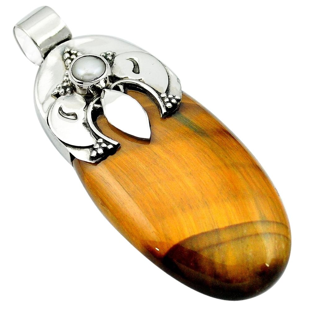 47.91cts natural brown tiger's eye pearl 925 sterling silver pendant m50493