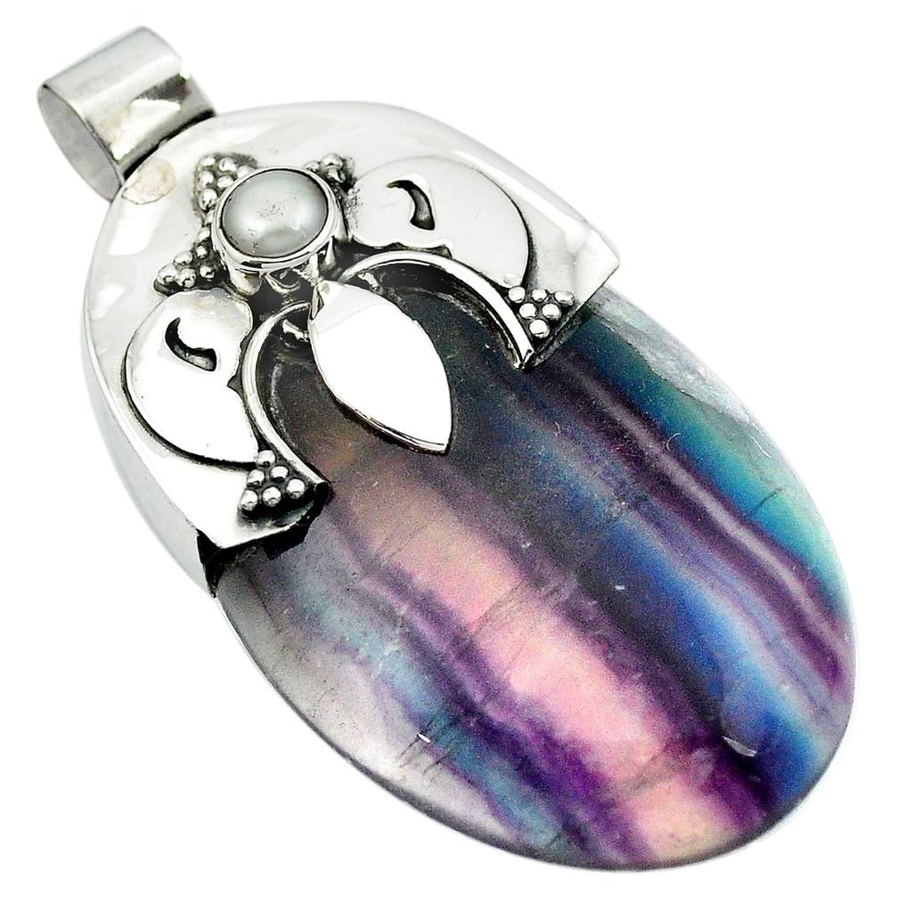 57.68cts natural multicolor fluorite pearl 925 sterling silver pendant m50498