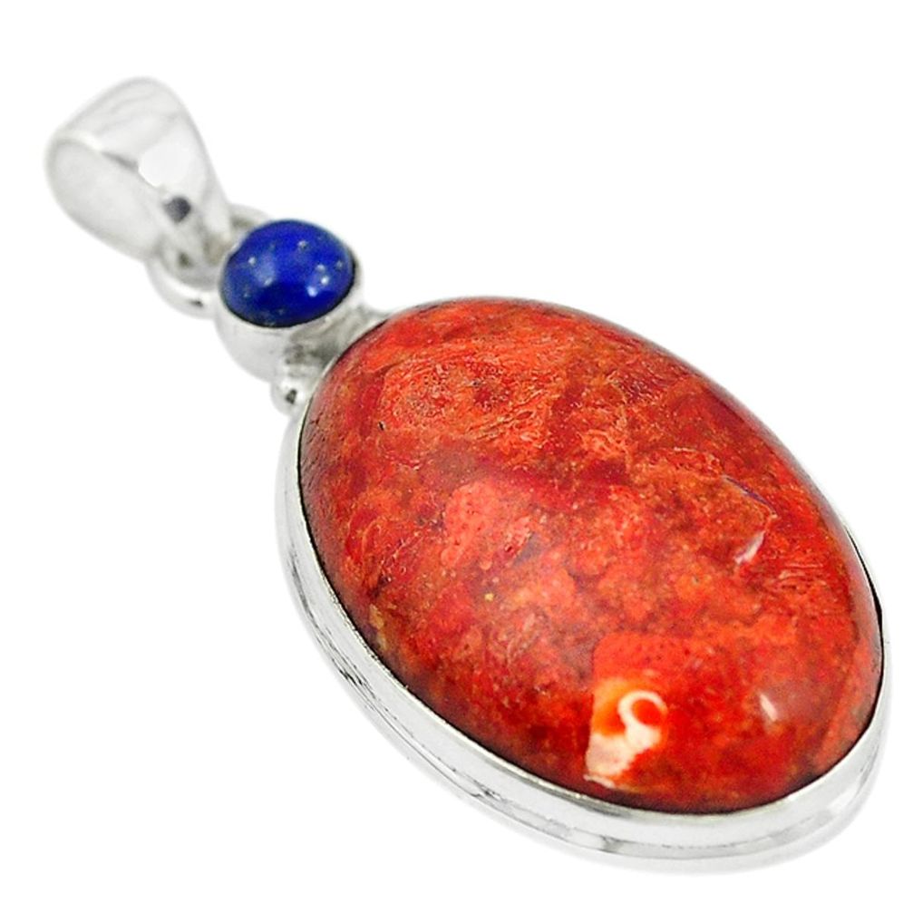 Natural red sponge coral blue lapis lazuli 925 sterling silver pendant m5063