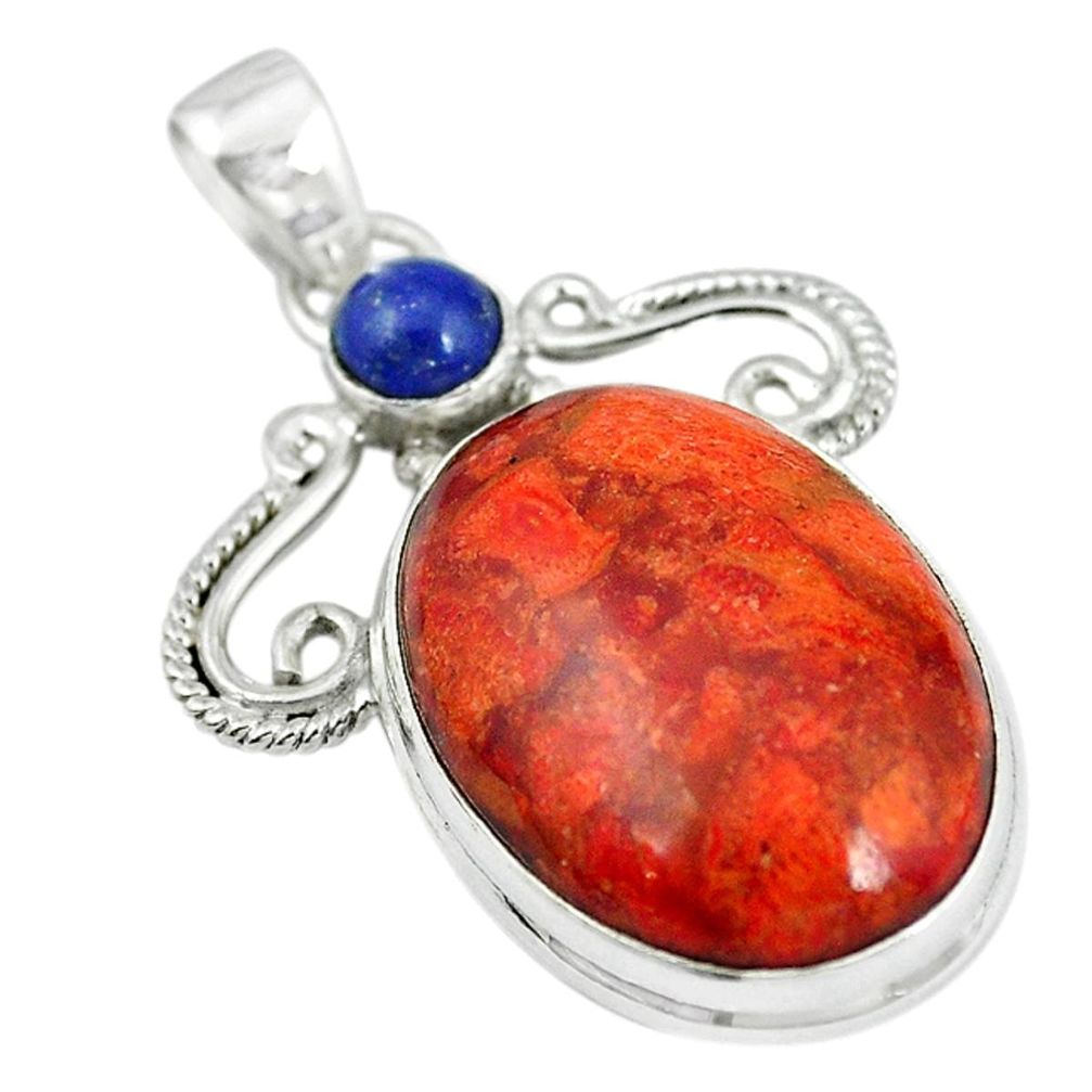 Natural red sponge coral lapis lazuli 925 sterling silver pendant m5065