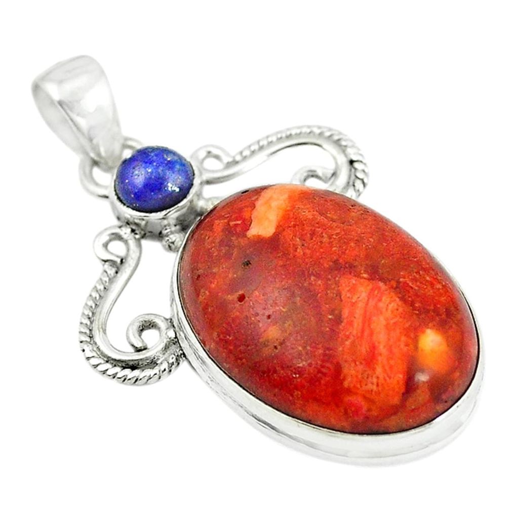 Natural red sponge coral lapis lazuli 925 sterling silver pendant m5074