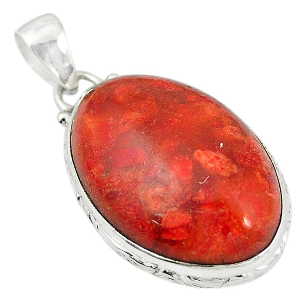 925 sterling silver natural red sponge coral oval pendant jewelry m5084