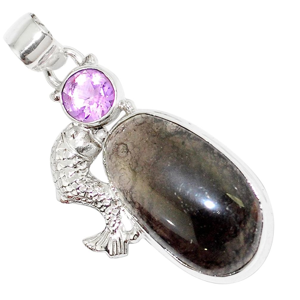 Natural brown agni manitite amethyst 925 silver fish pendant m52142